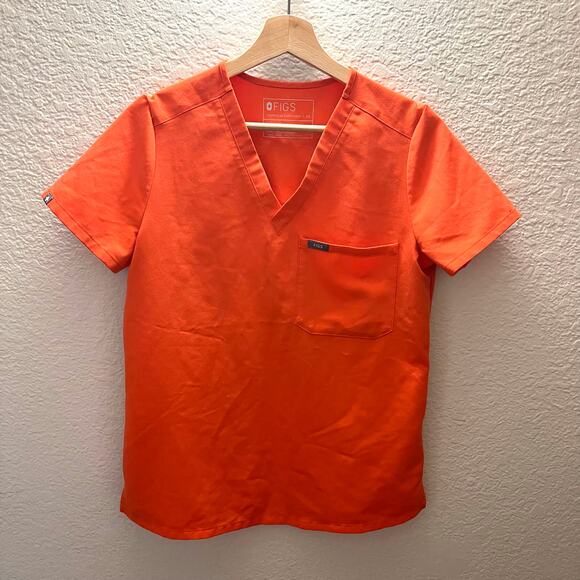 FIGS Catarina One Pocket Scrub Top XS Sunset Orange V-Neck Stretch PO 2525 - Picture 3 of 9